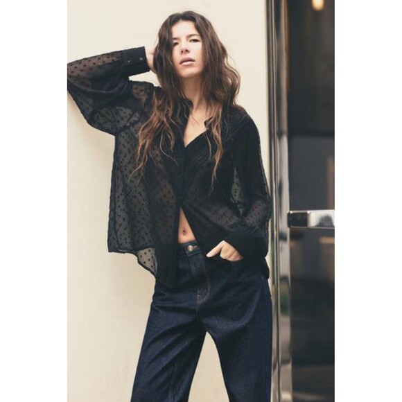 Zara Dotted Sheer Button Down Shirt Oversized Black sz XS-M - Picture 1 of 9